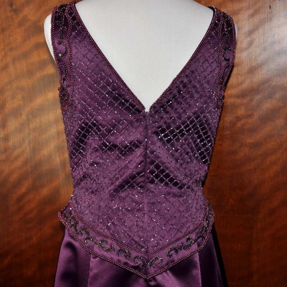 Mark & Lizzie Plum Beaded Sleeveless Satin Formal Evening Gown - Picture 4 of 7
